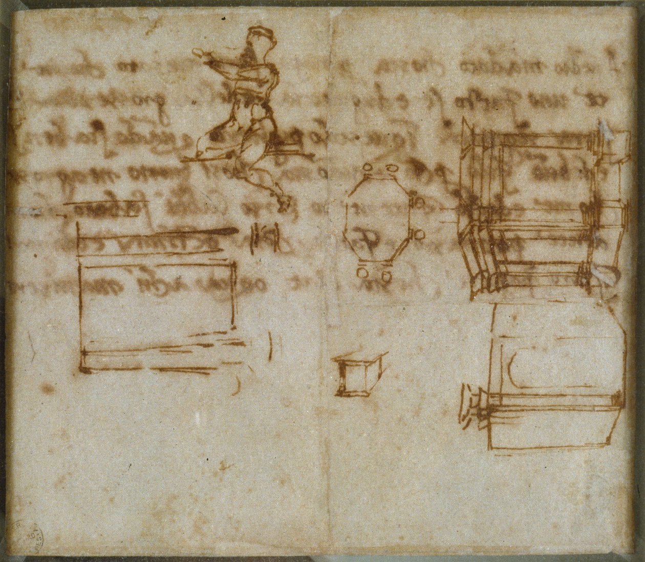 Små skisser av arkitektur og en liten figurstudie, slutten av 1400- og begynnelsen av 1500-tallet av Michelangelo Buonarroti