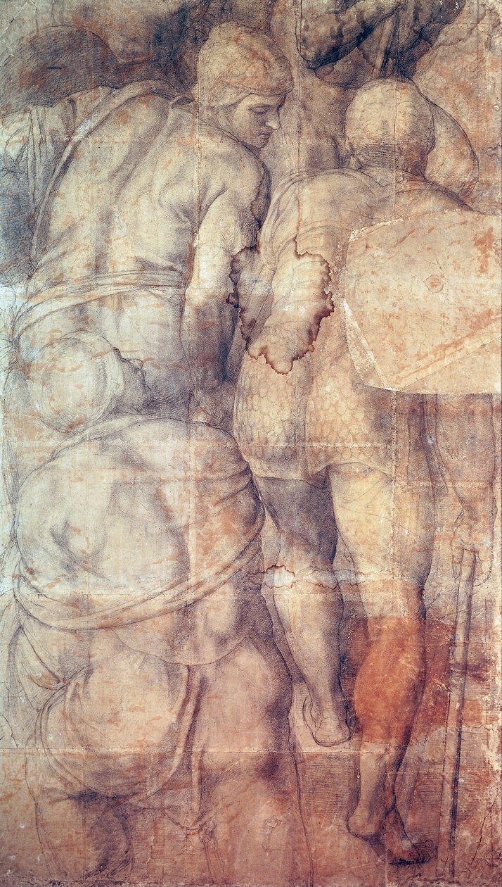 Soldater, av Michelangelo (1475-1564), forberedende tegneserie (undermaling) for freskomaleri av korsfestelsen av St. Peter laget i Pauline Chapel i Vatikanpalasset av Michelangelo Buonarroti