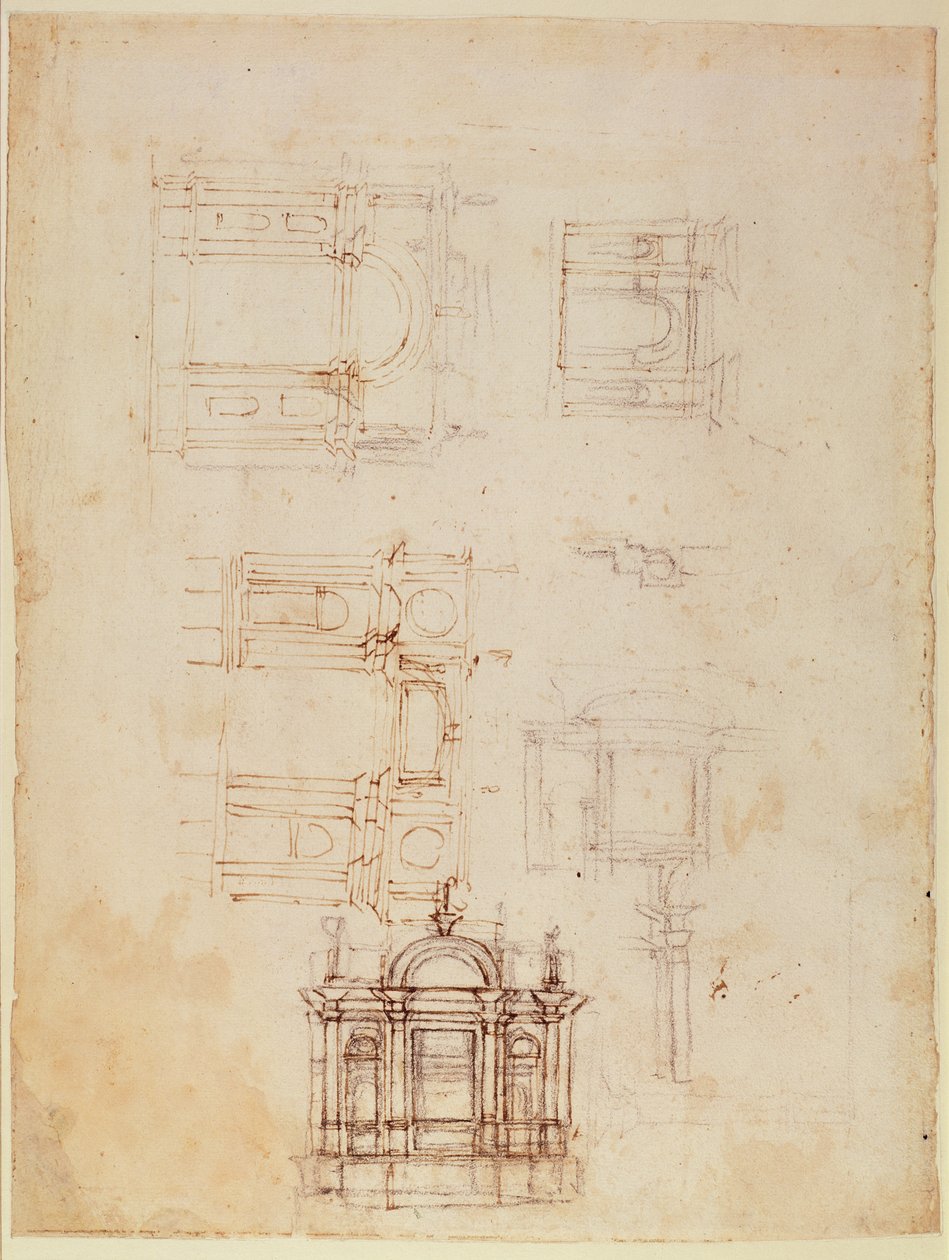 Studier for arkitektonisk komposisjon i form av en triumfbue, ca. 1516 (svart kritt med penn og brunt blekk på papir) (recto) (for verso se 191776) av Michelangelo Buonarroti