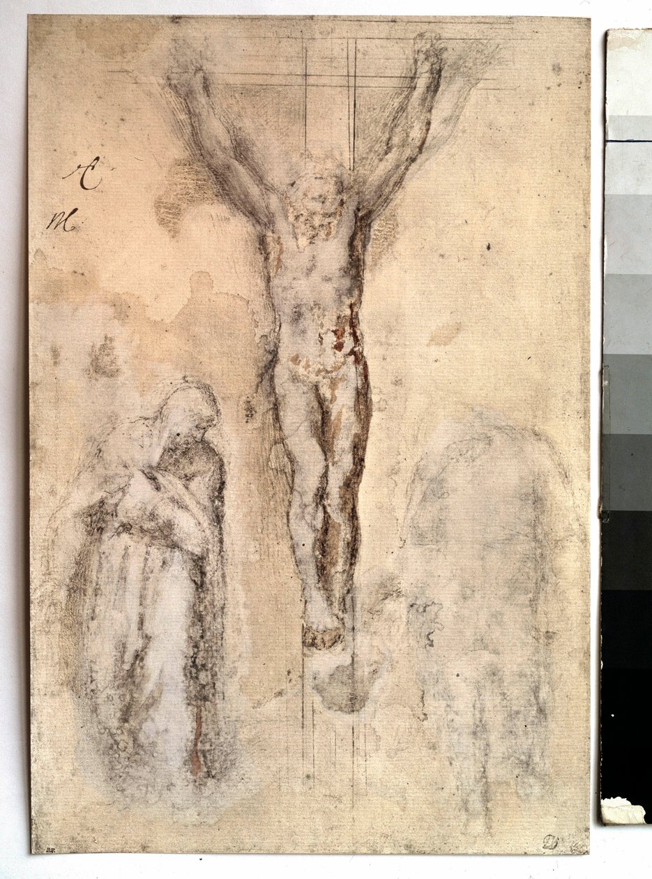 Studer for en korsfestelse Representasjon av Kristus på korset med jomfruen og den hellige Johannes. Tegning av Michelangelo Buonarroti dit Michelangelo (Michelangelo eller Michel Ange av Michelangelo Buonarroti