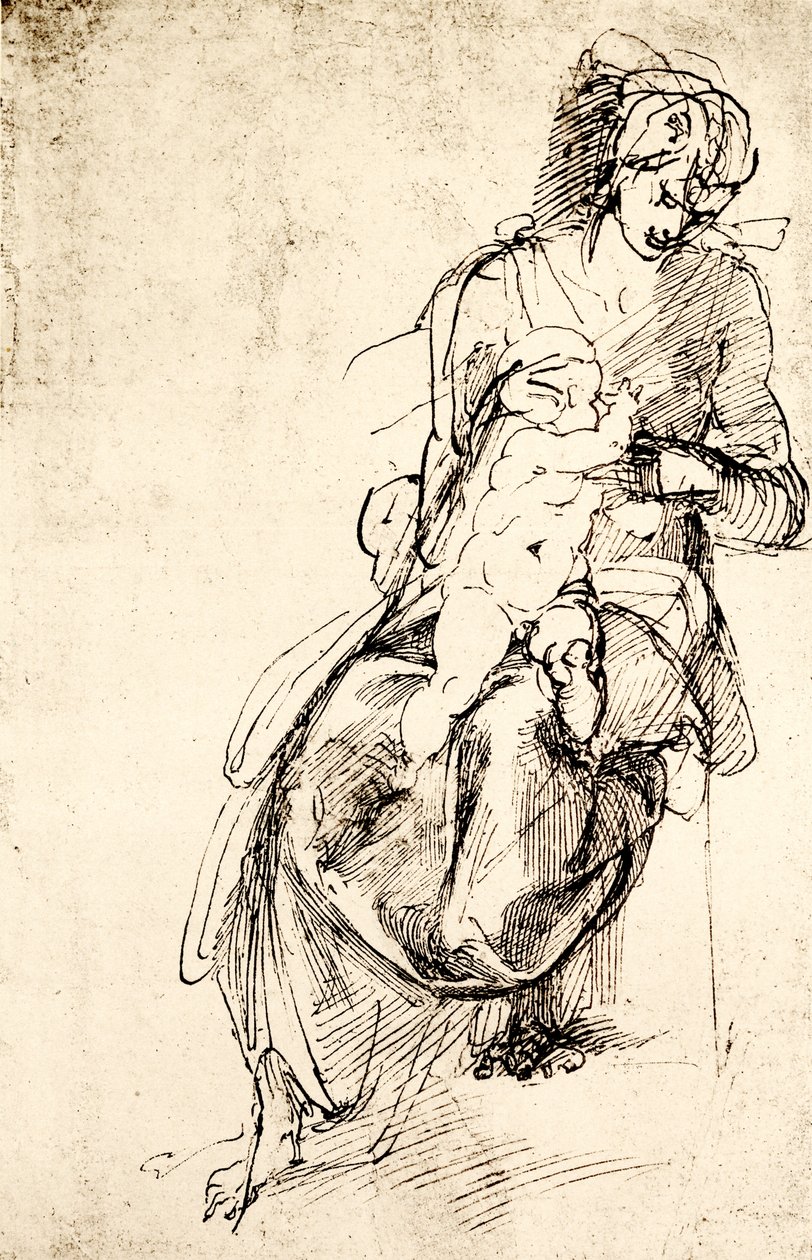 Studie for Madonna-statuen i Medici-kapellet i Firenze av Michelangelo Buonarroti