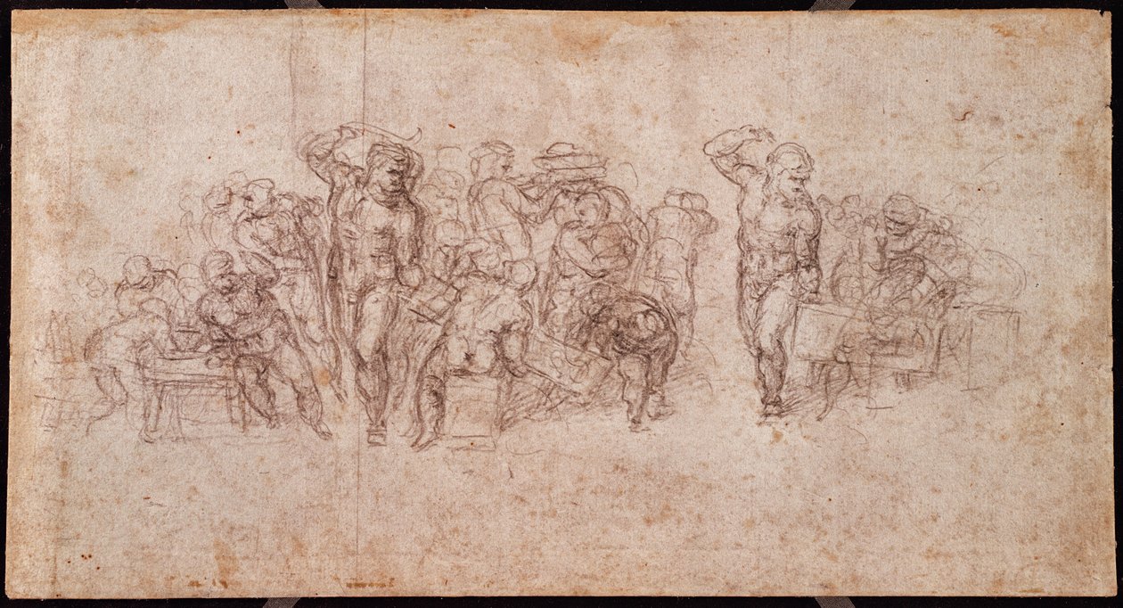 Studie av figurer for en narrativ scene (svart kritt på papir) (recto) (for verso se 191764) av Michelangelo Buonarroti