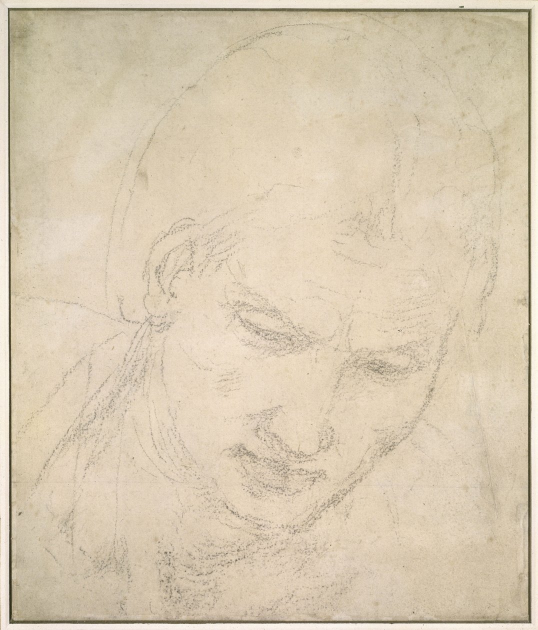 Studie av et hode (svart kritt på hvitt papir) av Michelangelo Buonarroti