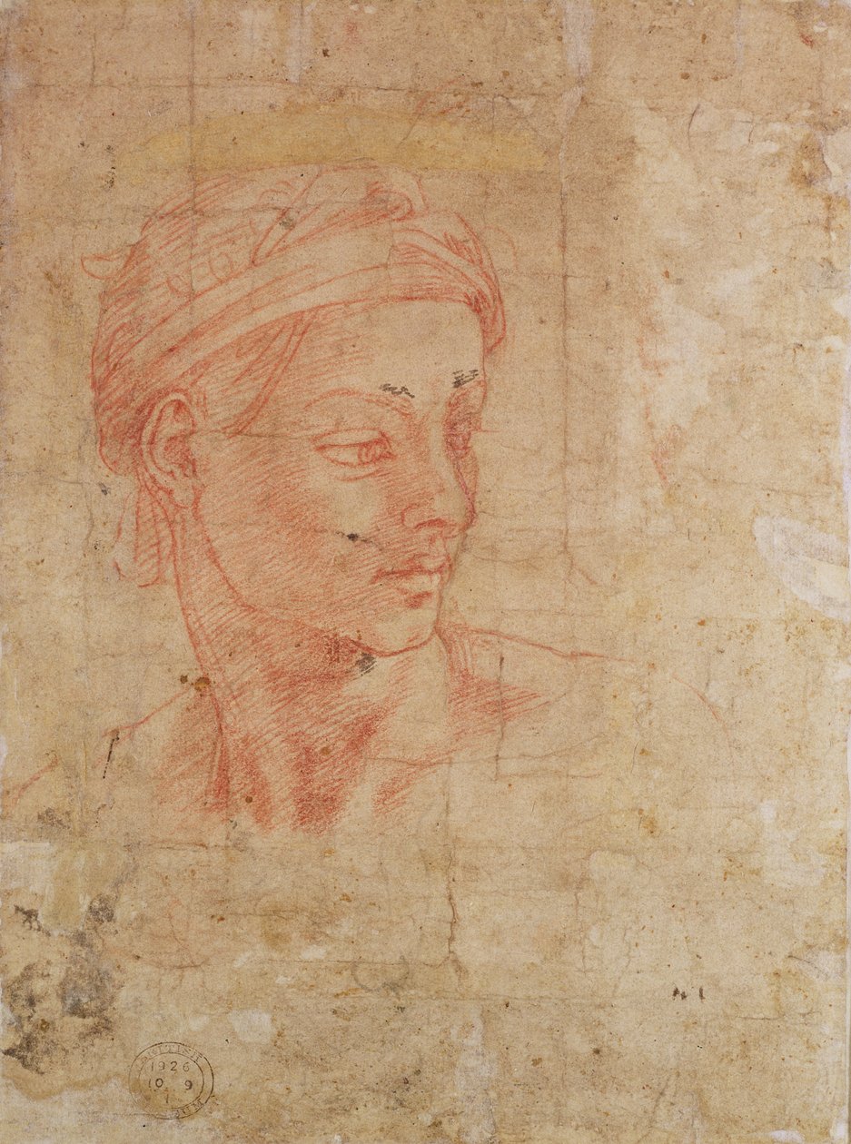 Studie av et hode (rødt kritt på papir) av Michelangelo Buonarroti