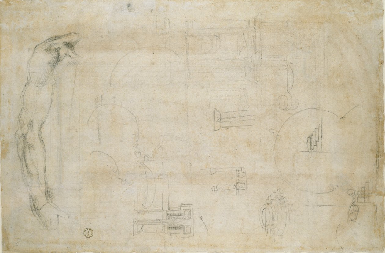 Studie av en manns arm og noen arkitektoniske skisser, c1490-1560 av Michelangelo Buonarroti