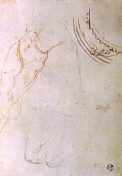 Studie av en utsatt figur med kryssede ben og et design for en lunette som viser en figur som monterer en trapp (penn og blekk, kritt og kull på papir) av Michelangelo Buonarroti