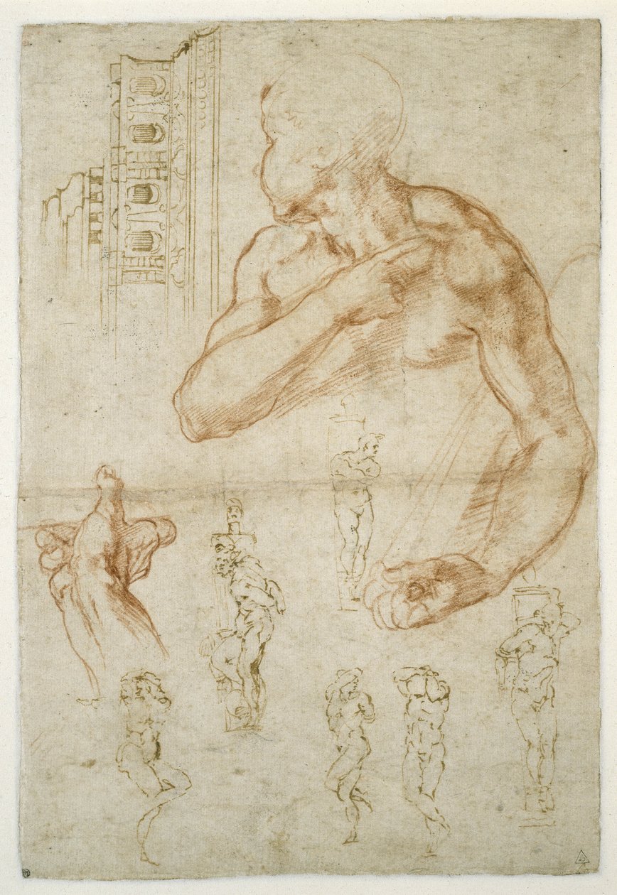 Studie av den assisterende figuren til den libyske sibylen, ca. 1512 (rødt kritt og penn på papir) av Michelangelo Buonarroti