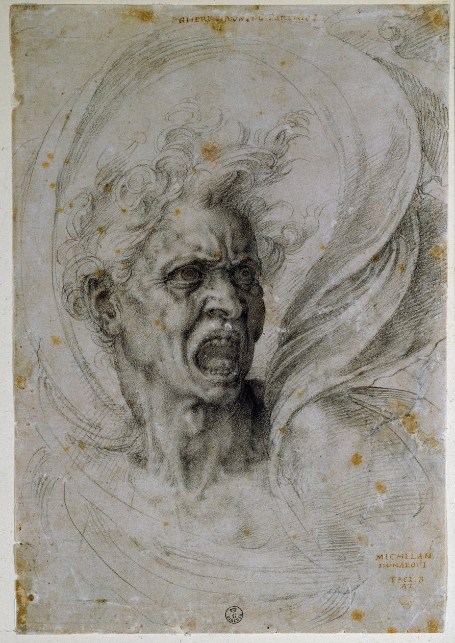 Studerer hodet til en skrikende mann. Tegning av Michelangelo Buonarroti kjent som Michel Ange eller Michelangelo eller Michelangelo (1475-1564). Firenze, Uffizi-museet (Firenze, avdeling for trykk og tegninger av Uffizi). av Michelangelo Buonarroti
