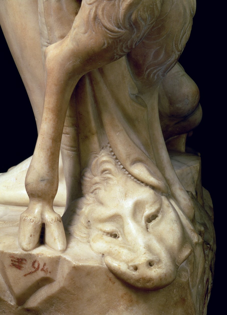 The Drunkenness of Bacchus, detalj av et panterhode, skulptur av Michelangelo Buonarroti 1475-1564, 1496-97 marmordetalj av 52672 av Michelangelo Buonarroti