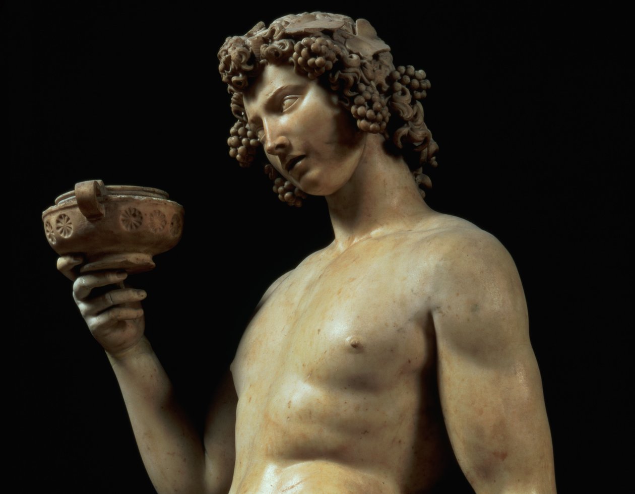 The Drunkenness of Bacchus, detalj av hodet hans, skulptur av Michelangelo Buonarroti 1475-1564, 1496-97 marmordetalj av 52672 av Michelangelo Buonarroti