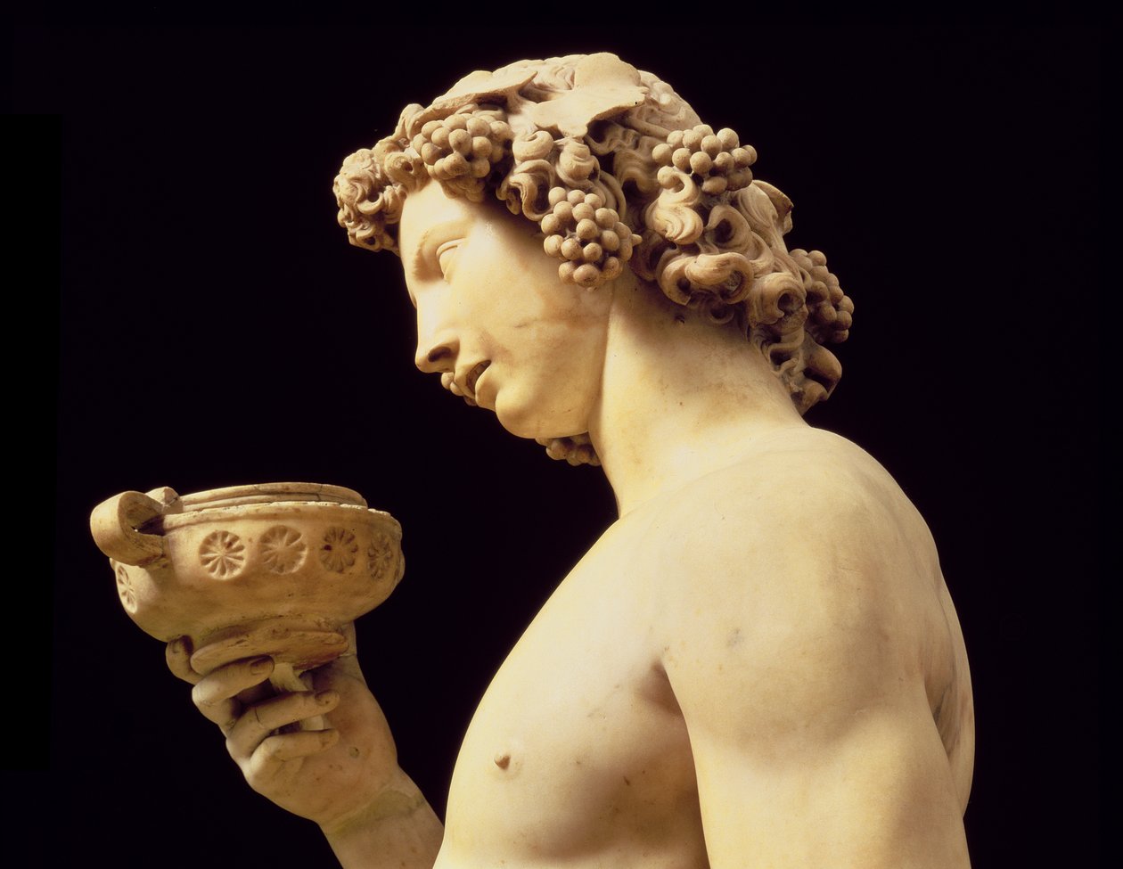 The Drunkenness of Bacchus, detalj av hodet hans, skulptur av Michelangelo Buonarroti 1475-1564, 1496-97 marmordetalj av 52672 av Michelangelo Buonarroti