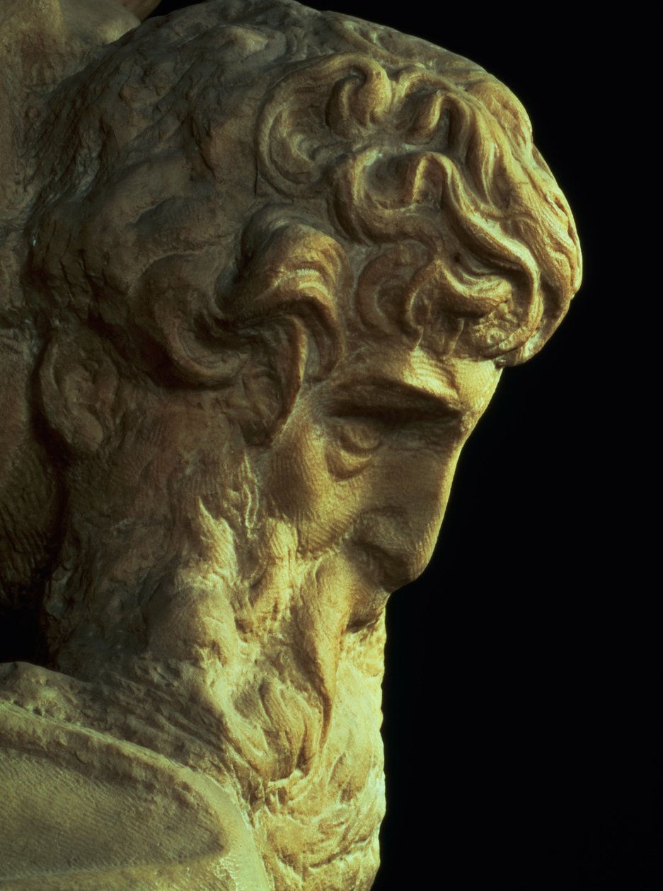The Genius of Victory av Michelangelo Buonarroti 1475-1564 detalj av et uferdig hode, 1527-28 marmor se 52671 av Michelangelo Buonarroti