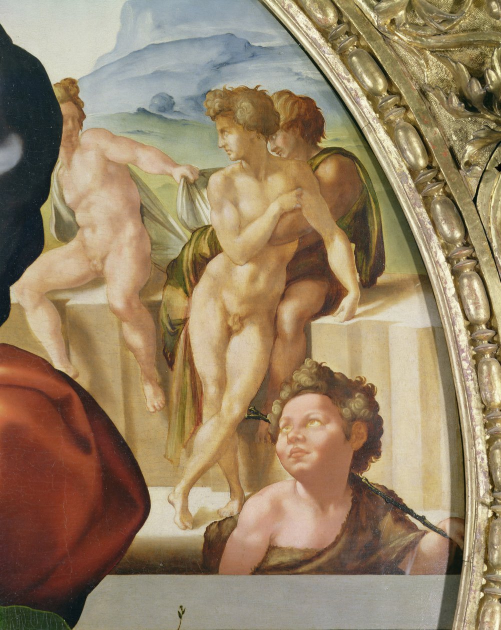 Den hellige familie med St. John (Doni Tondo) som viser nakenfigurer i bakgrunnen av Michelangelo Buonarroti