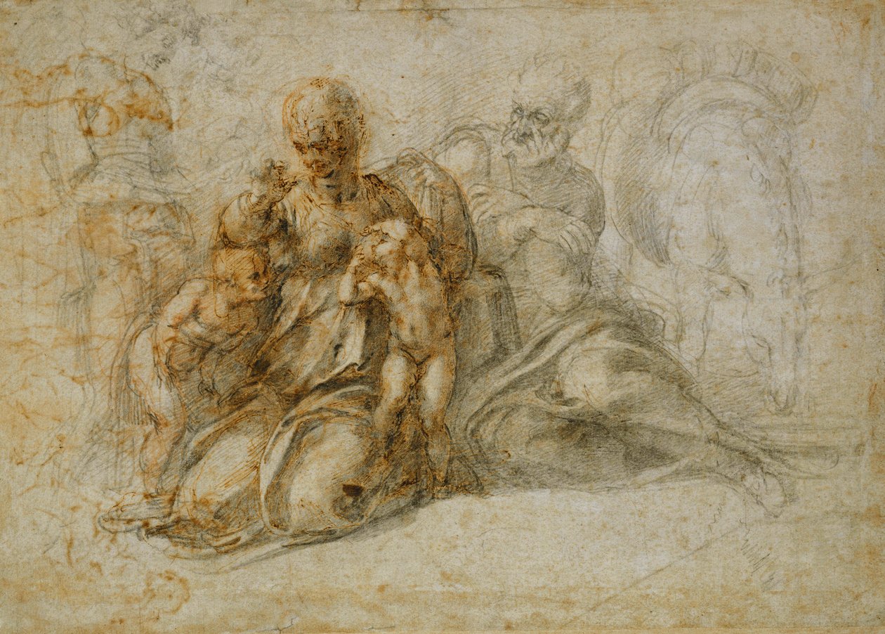 Møtet mellom spedbarnet Døperen Johannes med den hellige familie deltatt av engler: Resten på flukten til Egypt av Michelangelo Buonarroti