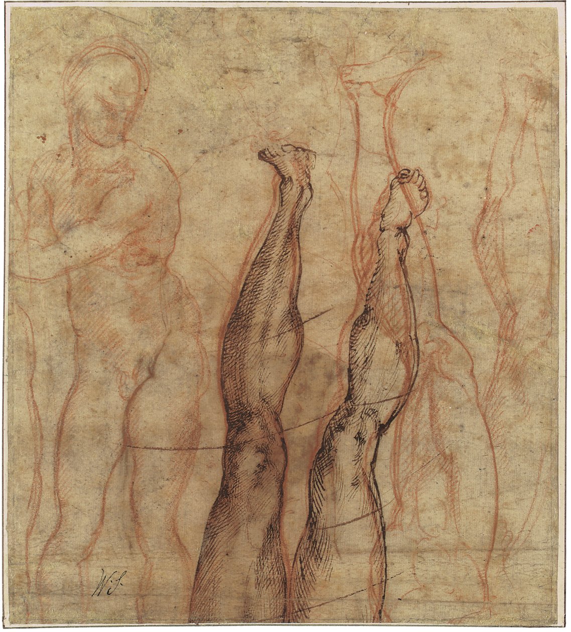 Den oppstandne Kristus, trekvart lang naken tegnet over studier av et ben og en fot av Michelangelo Buonarroti