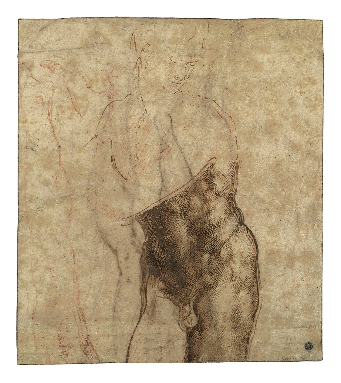 Den oppstandne Kristus, trekvart lang naken ser ned til høyre av Michelangelo Buonarroti