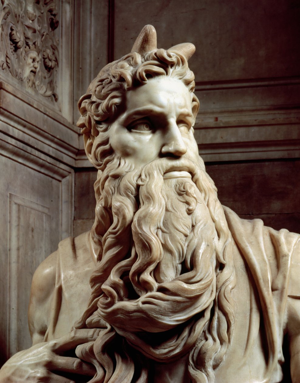 Graven til pave Julius II 1453-1513 detalj av hodet til Moses, 1513-16 marmor av Michelangelo Buonarroti
