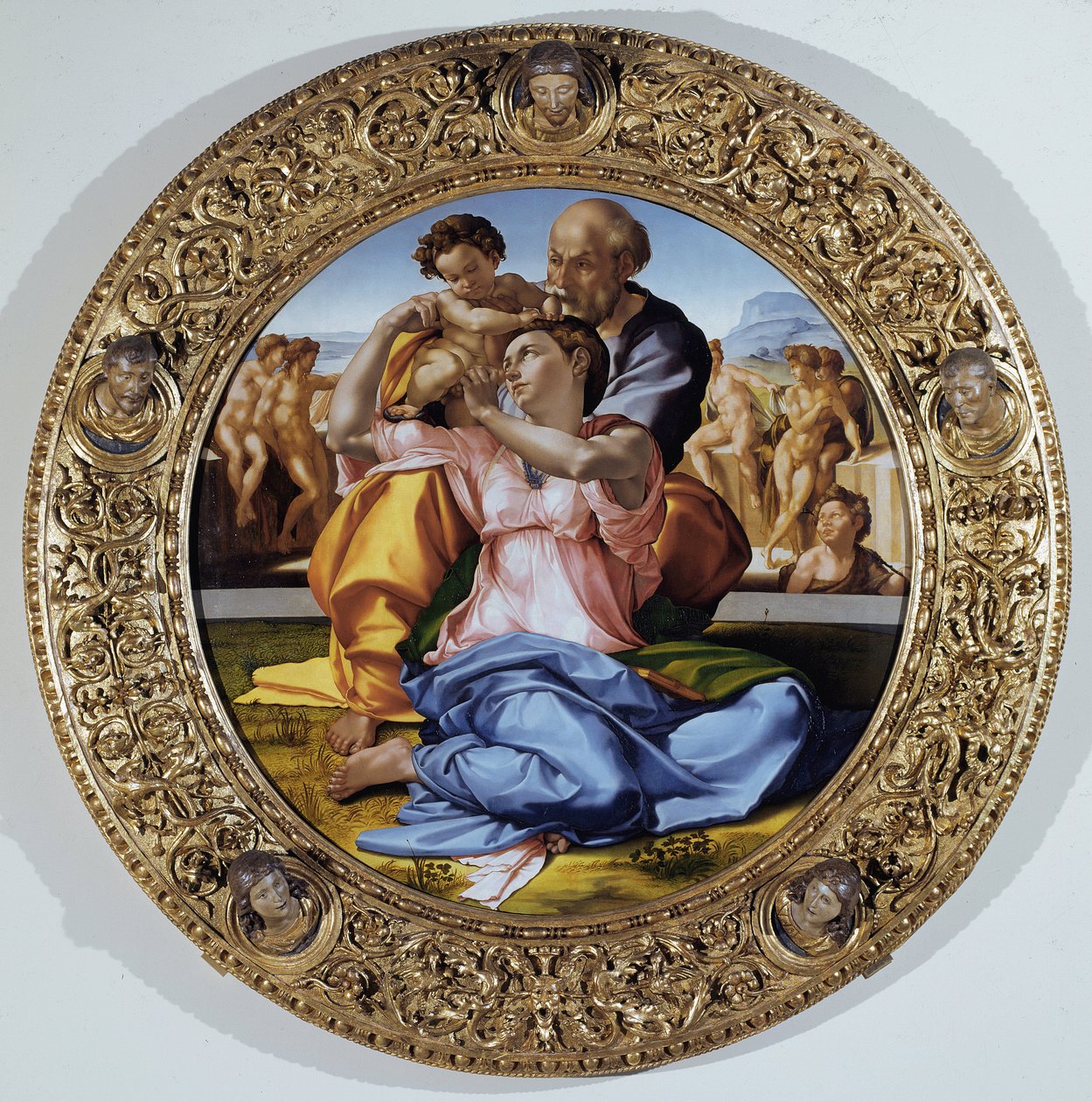 Tondo Doni: The Holy Family with Saint John the Baptist Child - olje på panel av Michelangelo Buonarroti