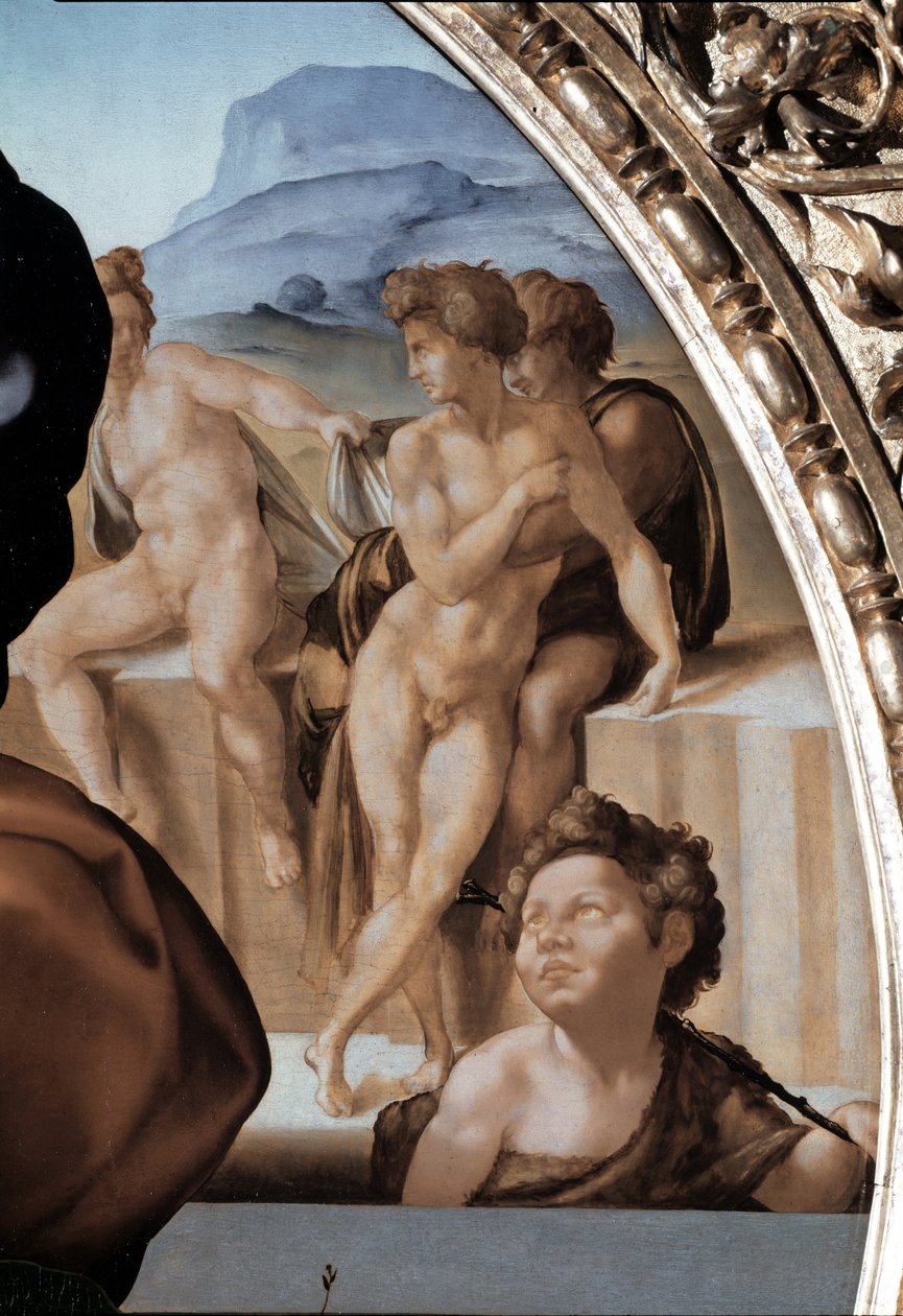 Tondo Doni: The Holy Family with Saint John the Baptist Child, detalj - 1504-06 (olje på panel) av Michelangelo Buonarroti