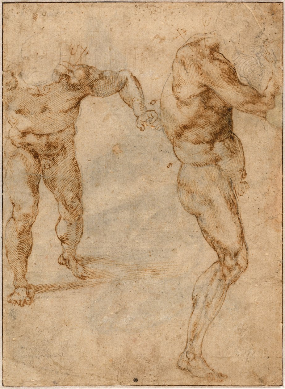 To nakenstudier av en mann som stormer fremover og en annen som vender seg mot høyre, ca. 1504 av Michelangelo Buonarroti