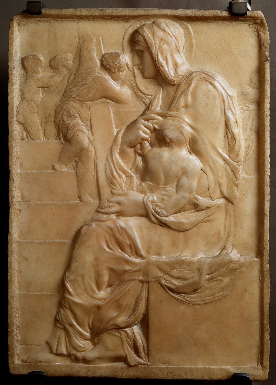 Jomfru på trappene (Madonna della Scala) Lavt marmorrelieff av Michelangelo Buonarroti dit Michel Ange (Michelangelo eller Michelangelo av Michelangelo Buonarroti
