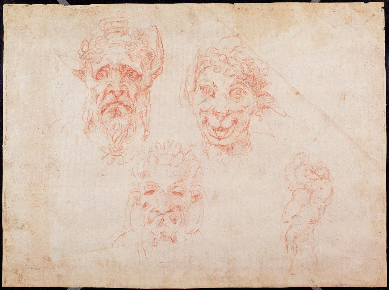 W.33 Skisser av satyransikter (rødt kritt på papir) av Michelangelo Buonarroti
