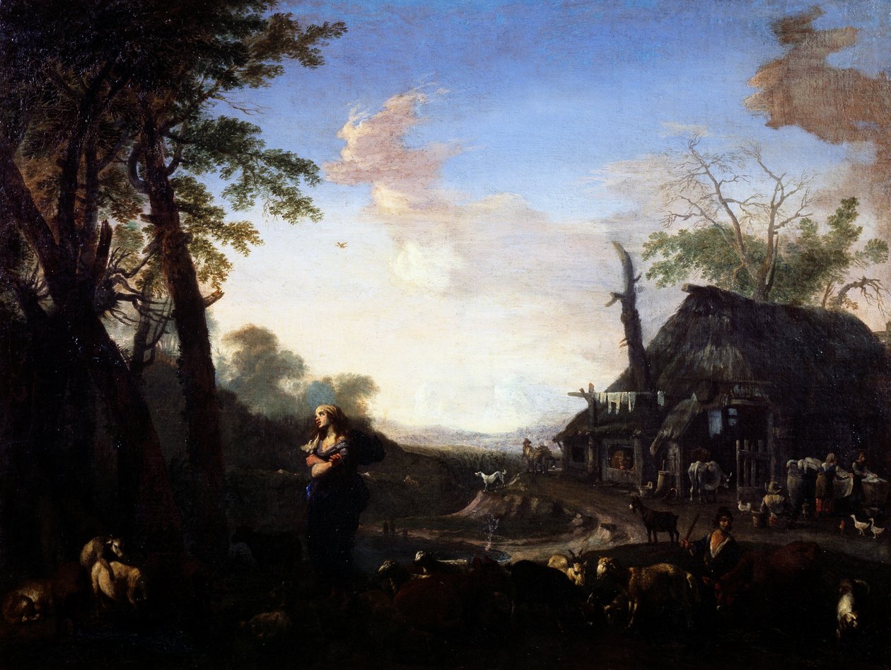 Erminia blant hyrdene, av Michelangelo Cerquozzi kjent som Michelangelo delle Battaglie(1602-1660), olje på lerret, 75x97 cm. av Michelangelo Cerquozzi