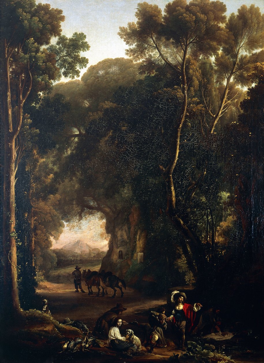 Erminia and the shepherds, av Michelangelo Cerquozzi kjent som Michelangelo delle Battaglie (1602-1660), olje på lerret av Michelangelo Cerquozzi