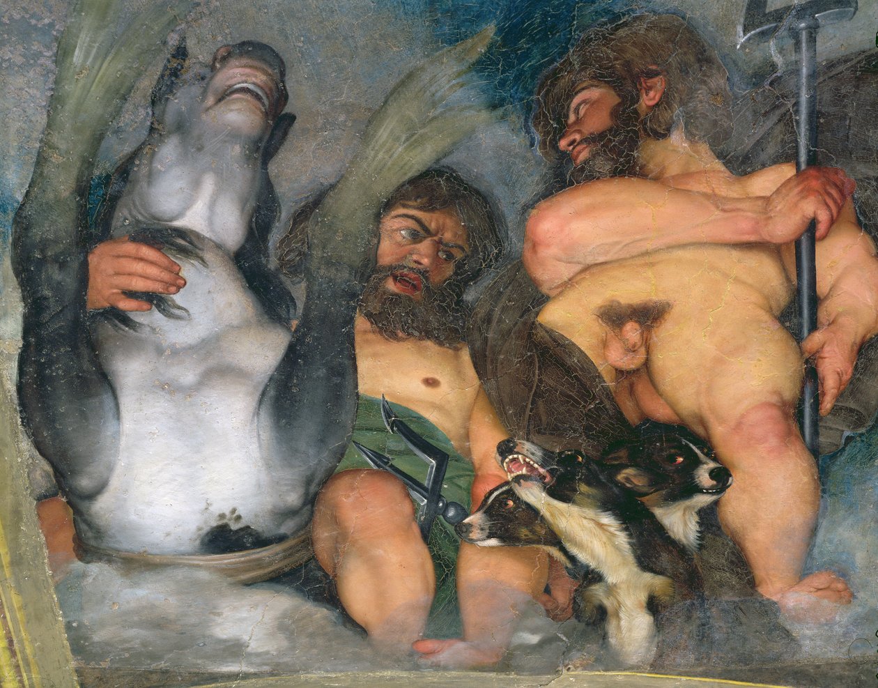 Allegory of the Elements, the Universe and the Zodiac Signs, detalj av Neptun og Triton med Cerberus, den trehodede hunden, 1597 olje på gips detalj av 107109 av Michelangelo Merisi Caravaggio