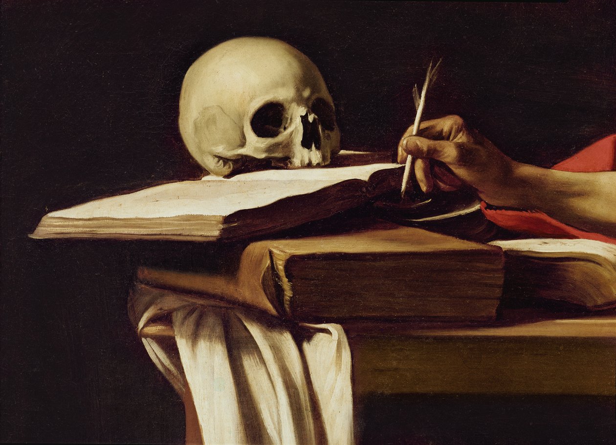 Saint Jerome, skrift (detalj fra maleri 64912) av Michelangelo Merisi Caravaggio