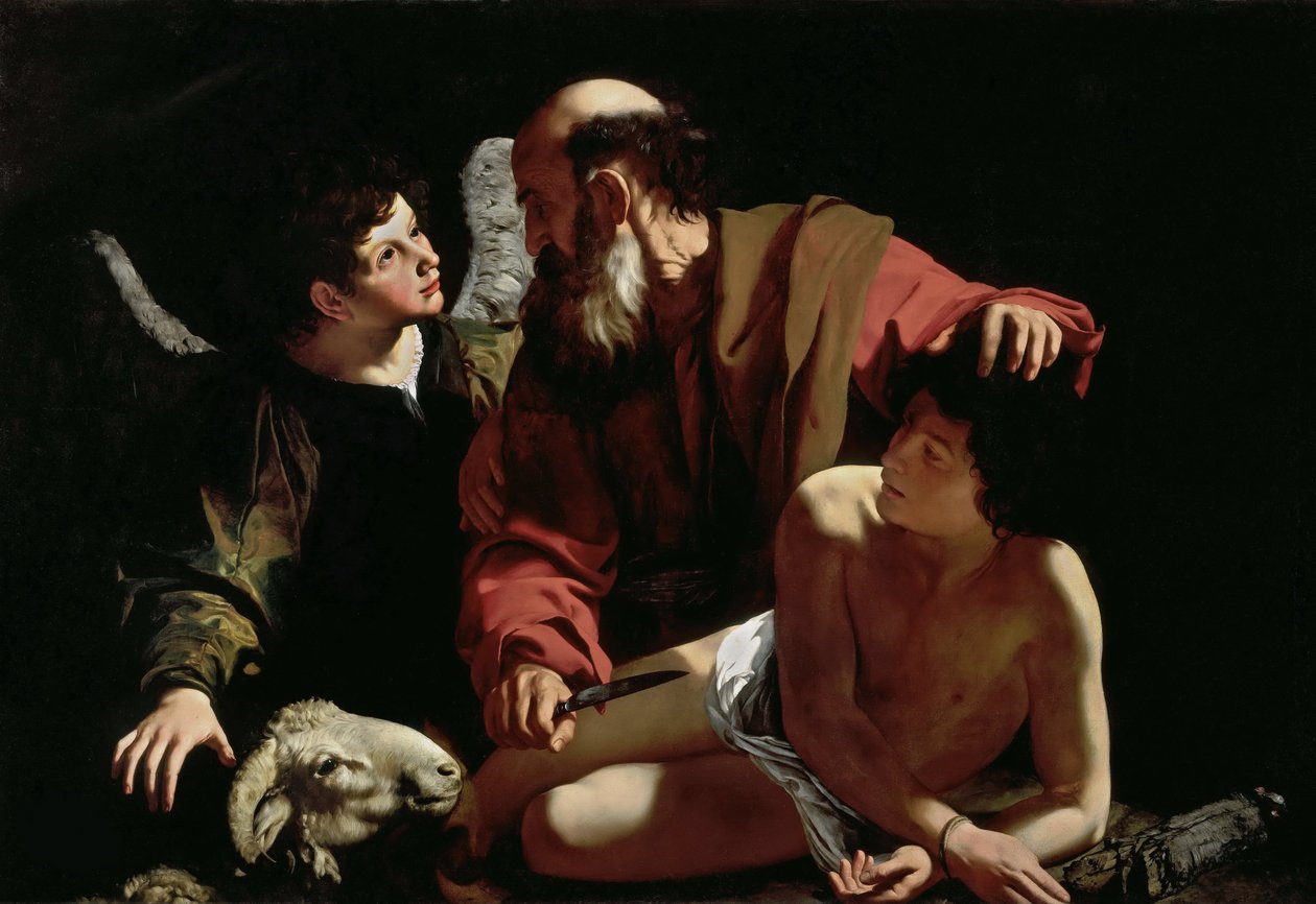 Abraham som ofrer Isaac av Caravaggio, Michelangelo (1571-1610). Olje på lerret, ca 1597-1599, Dimensjon: 116x173. Barbara Piasecka Johnson-samlingen av Michelangelo Merisi da Caravaggio