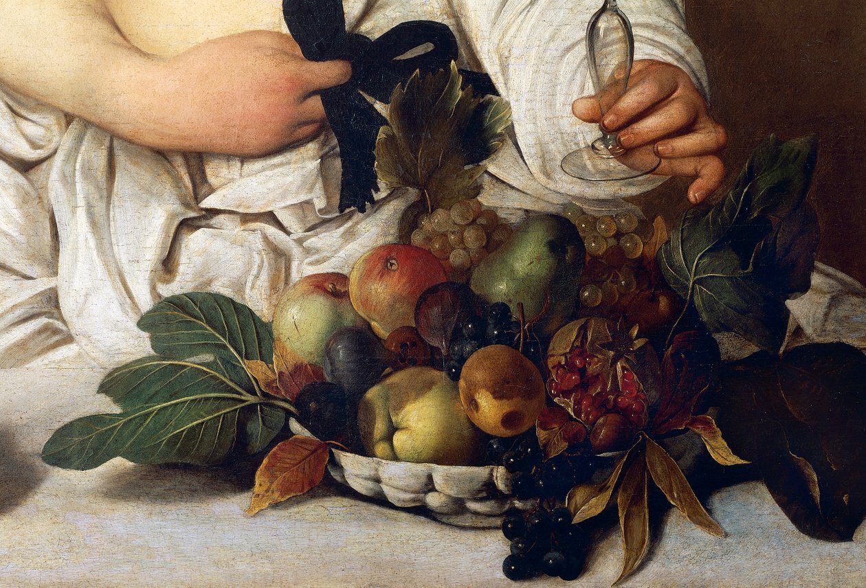 Bacchus, detalj med skål med frukt, ca. 1589 (olje på lerret) av Michelangelo Merisi da Caravaggio