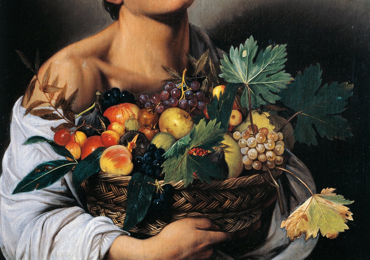 Gutt med en kurv med frukt, detalj av Michelangelo Merisi da Caravaggio