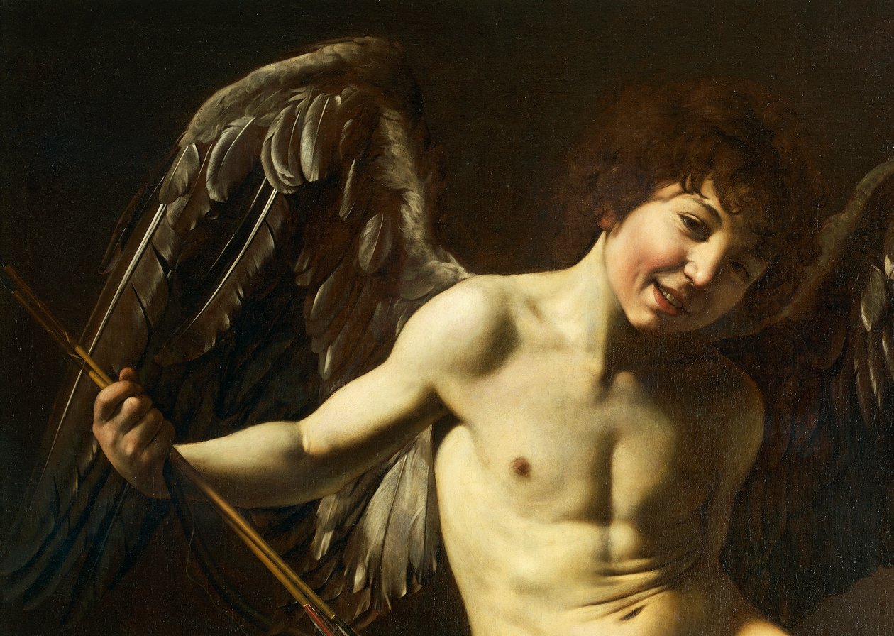 Amor, detalj fra Amor Victorious, ca. 1602 (olje på lerret) av Michelangelo Merisi da Caravaggio