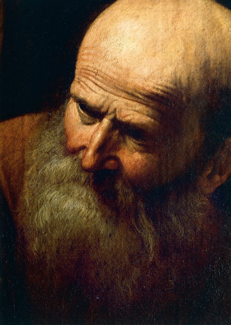Face of Abraham, detalj av The Sacrifice of Isaac, ca. 1603-04 (olje på lerret) av Michelangelo Merisi da Caravaggio