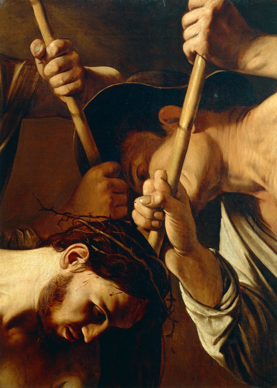 Face of Christ, The Crowning with Thorns, ca. 1603 (olje på lerret) (detalj av 507206) av Michelangelo Merisi da Caravaggio