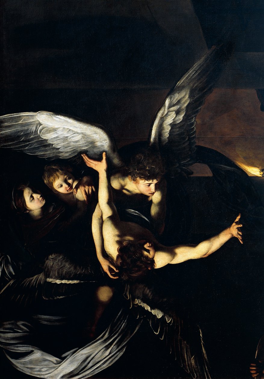 Figurer av engler, detalj fra Our Lady of Mercy eller Seven Acts of Mercy, ca. 1606-07 (olje på lerret) av Michelangelo Merisi da Caravaggio