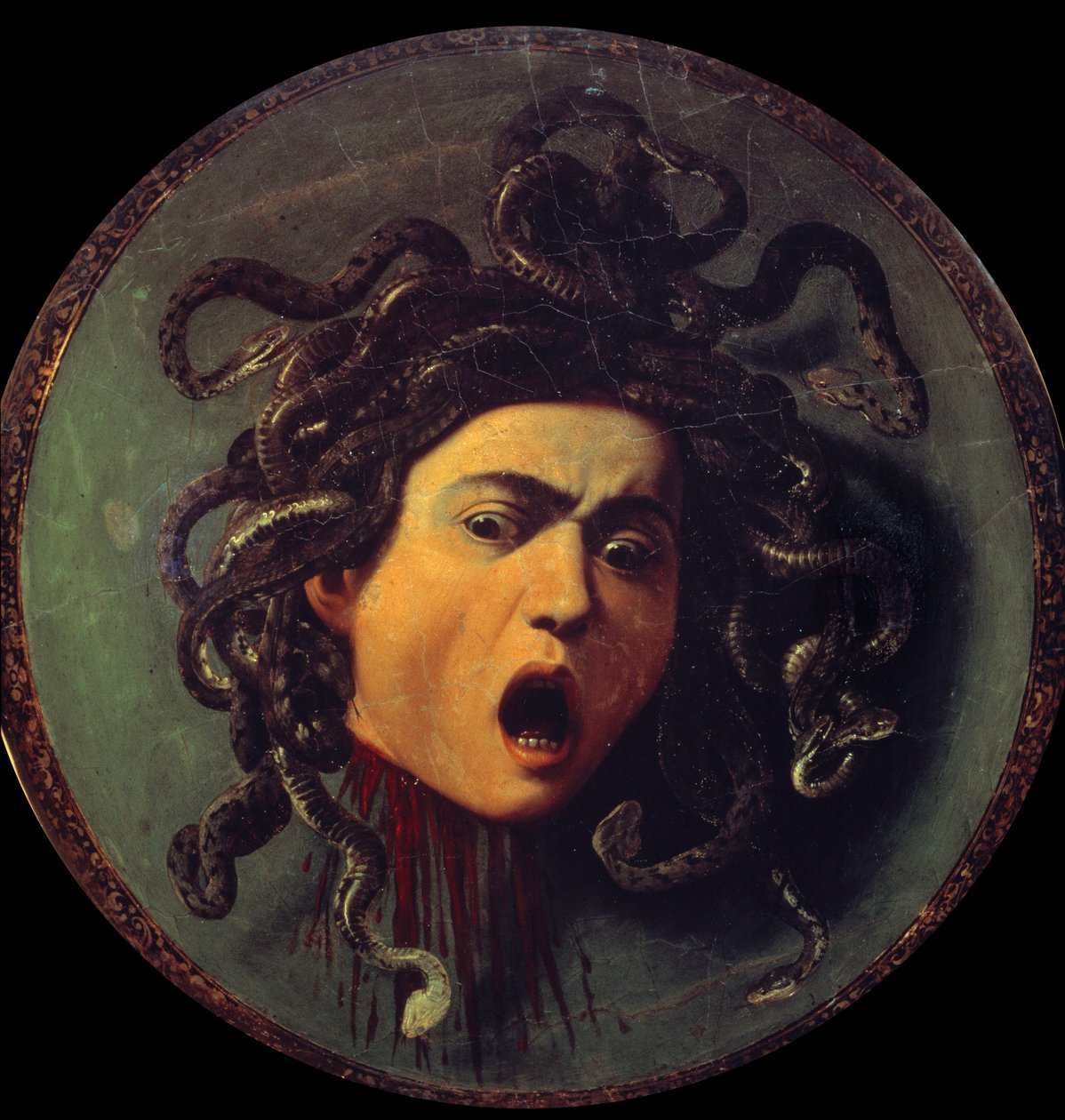 Leder for Meduse. Maleri på baksiden av et skjold dekket med lerret. Symbol på fornuftens seier over sansene som refererer til myten om Persee og Meduse (Gorgona). Maleri av Michelangelo Merisi kalt The Caravaggio eller il Caravaggio (1571-1610) av Michelangelo Merisi da Caravaggio