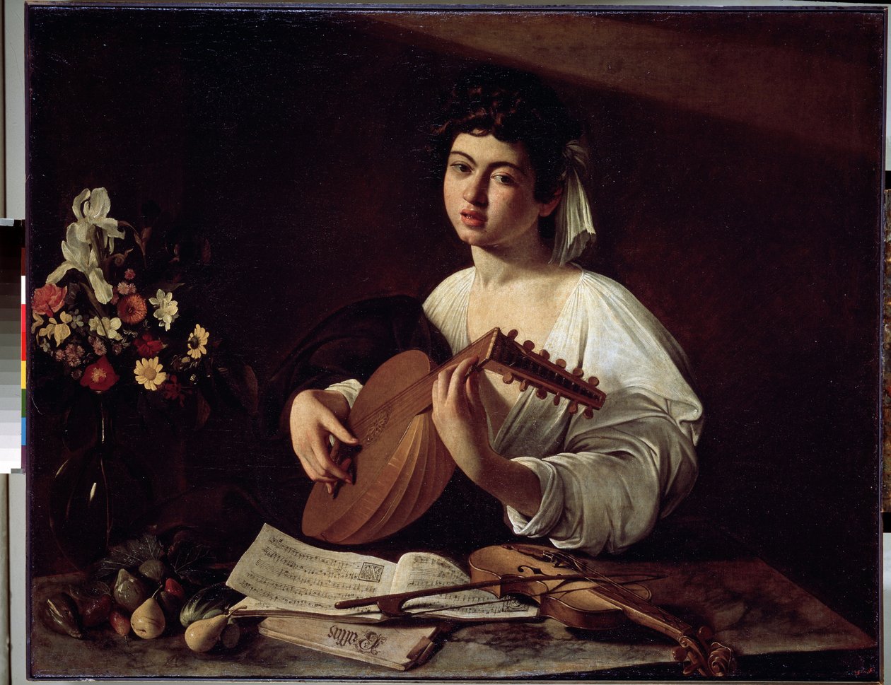 ""Lutespilleren"" (Lutespilleren) Maleri av Michelangelo Merisi kjent som Caravaggio (Caravaggio) (1571-1610) rundt 1595 Mål 94x119 cm Eremitagemuseet, St. Petersburg. av Michelangelo Merisi da Caravaggio