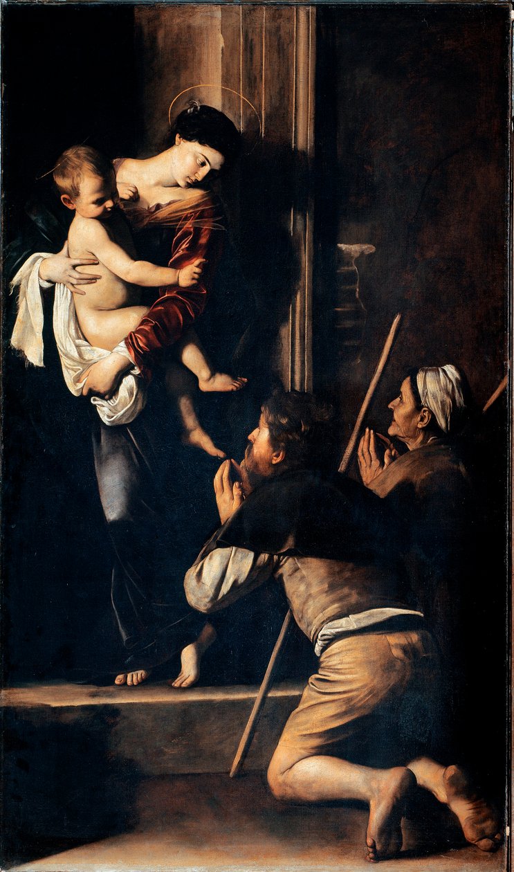 Madonna dei pellegrini også kjent som Madonna av Loreto (Madonna des Pelerins eller Madonna de Lorette). Maleri av Michelangelo Merisi dit Il Caravaggio (The Caravaggio) (1571-1610) 1603-1605 Dim.260x150 cm Roma, Sant 