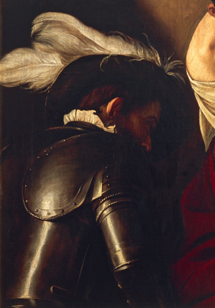 Mann i rustning, fra The Crowning with Thorns, ca. 1603 (olje på lerret) (detalj av 507206) av Michelangelo Merisi da Caravaggio