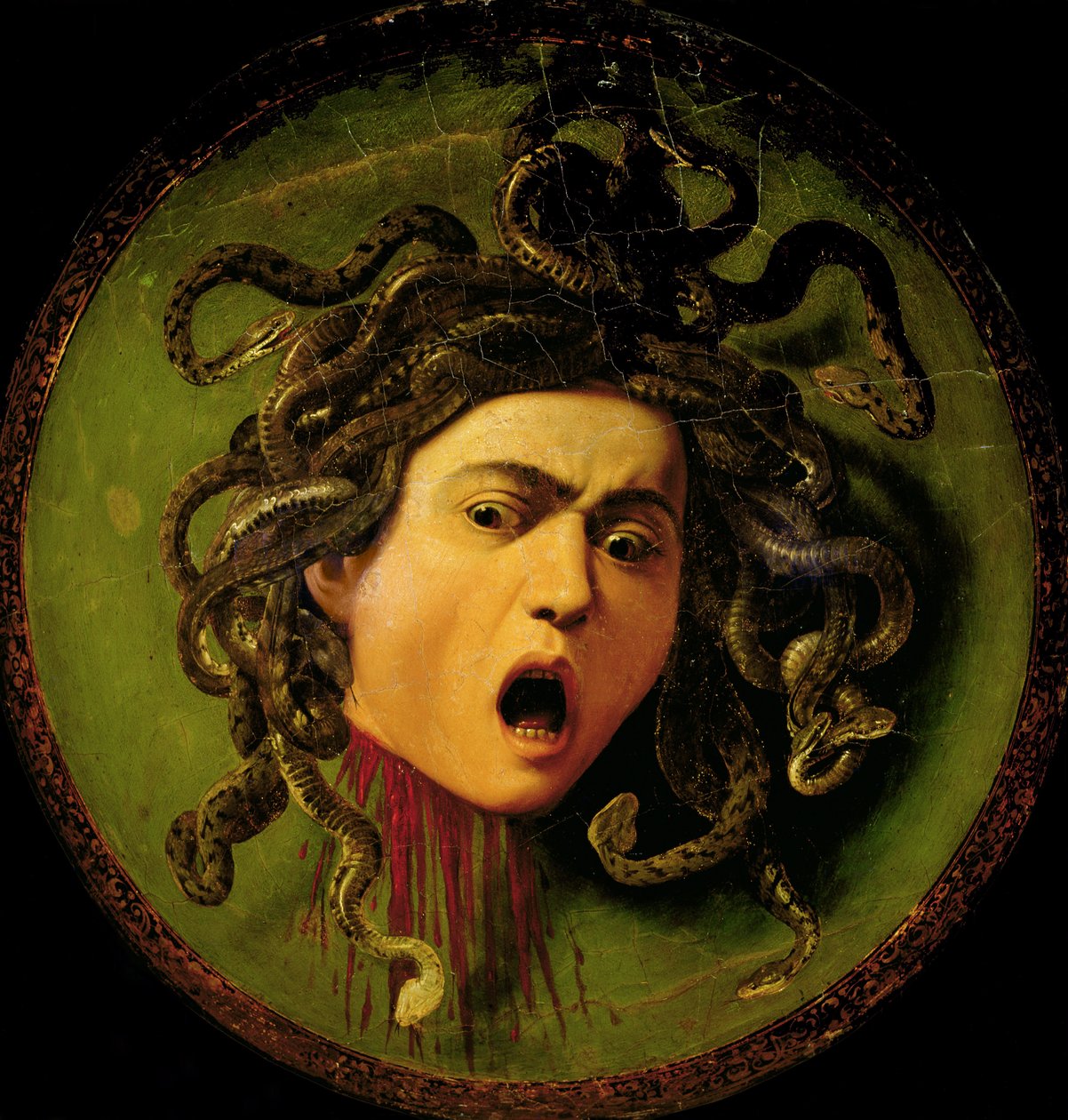 Medusa, malt på et styrerskjold i skinn, ca. 1596-98 (olje på lerret festet til tre) (forhåndsrestaurering) av Michelangelo Merisi da Caravaggio