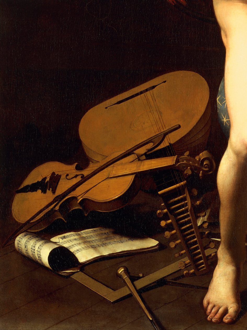 Representasjon av musikkinstrumenter, detalj av Amor Victorious, ca. 1602 (olje på lerret) av Michelangelo Merisi da Caravaggio