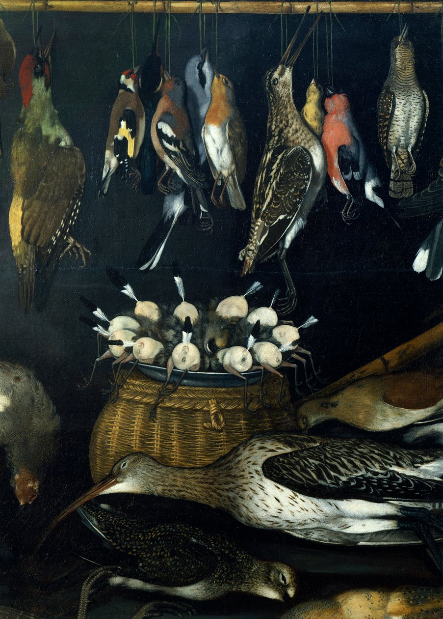 Stilleben med fugler, av Master of the Hartford Still-life (olje på lerret) (detalj av 624934) av Michelangelo Merisi da Caravaggio
