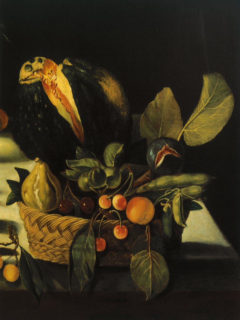 Stilleben med blomster og frukt, av Master of the Hartford Still Life, ca. 1600-10 (olje på lerret) (detalj av 507174) av Michelangelo Merisi da Caravaggio