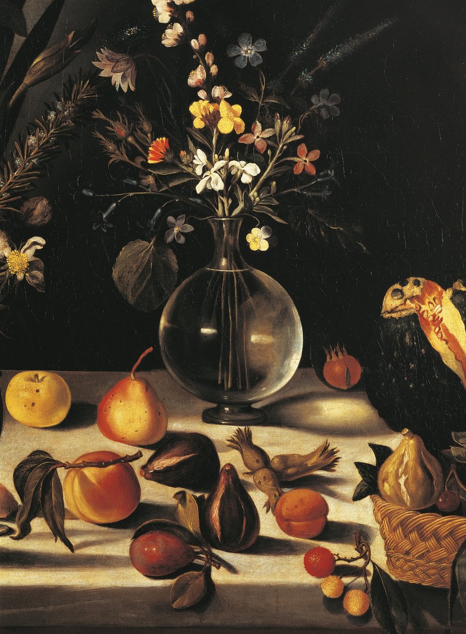 Stilleben med blomster og frukt, av Master of the Hartford Still Life, ca. 1600-10 (olje på lerret) (detalj av 507174) av Michelangelo Merisi da Caravaggio