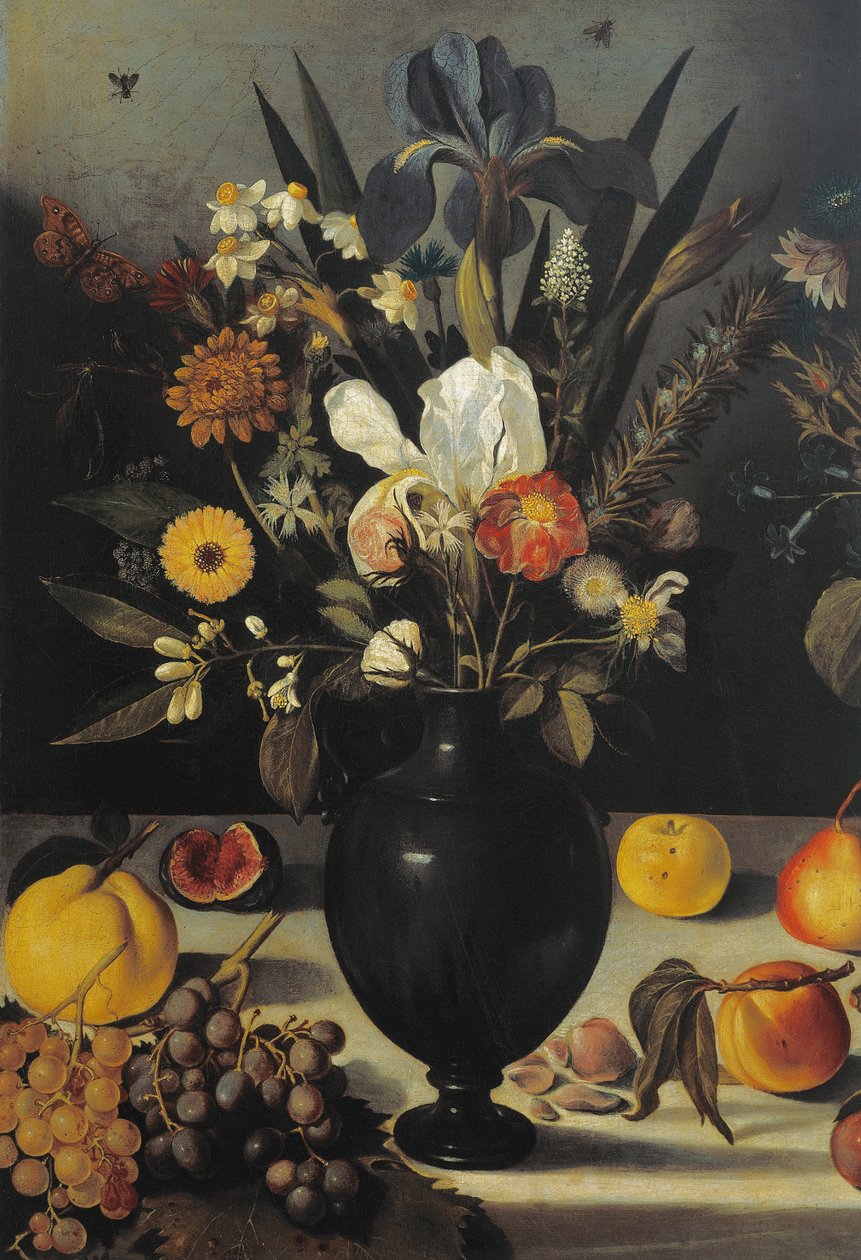 Stilleben med blomster og frukt, av Master of the Hartford Still Life, ca. 1600-10 (olje på lerret) (detalj av 507174) av Michelangelo Merisi da Caravaggio