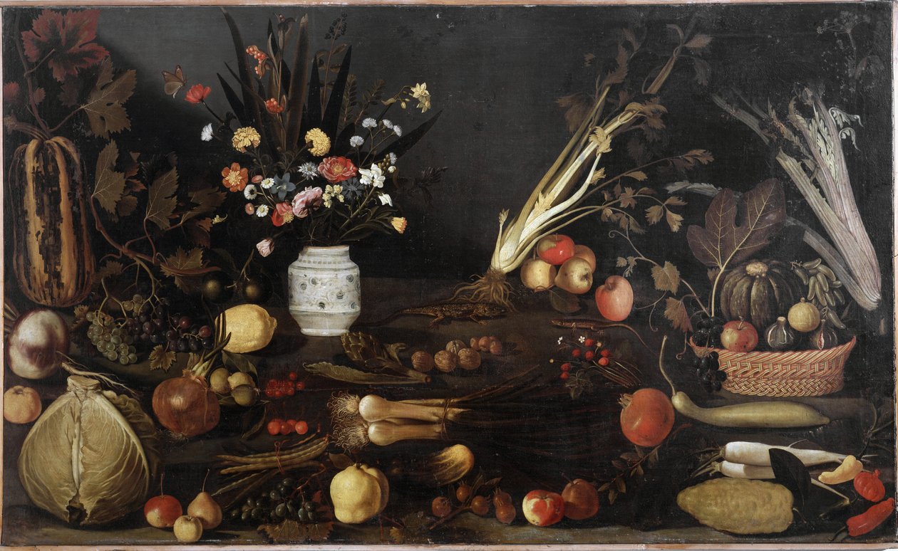 Stilleben med blomster og frukt - olje på lerret ca.1590 av Michelangelo Merisi da Caravaggio
