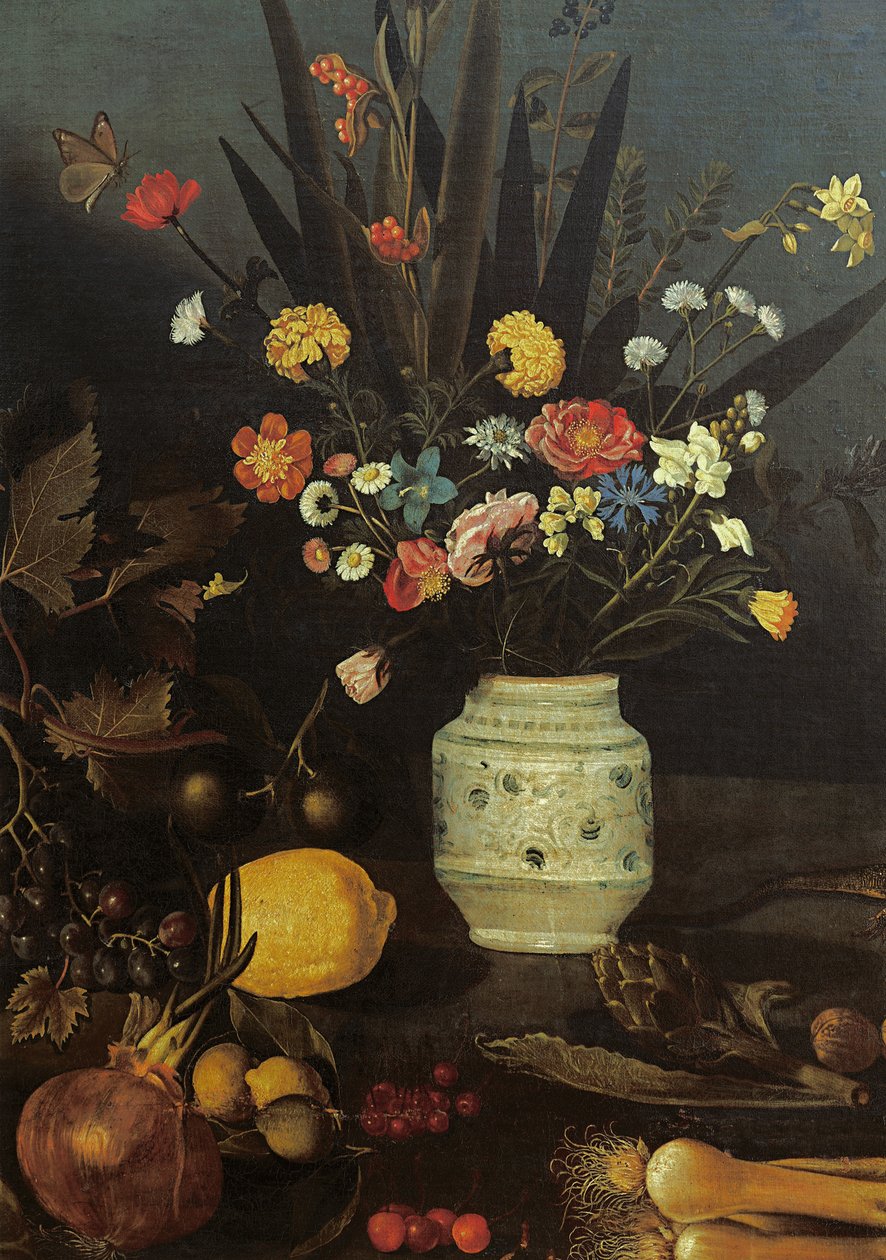 Stilleben med blomster og planter (olje på lerret) (detalj av 624933) av Michelangelo Merisi da Caravaggio