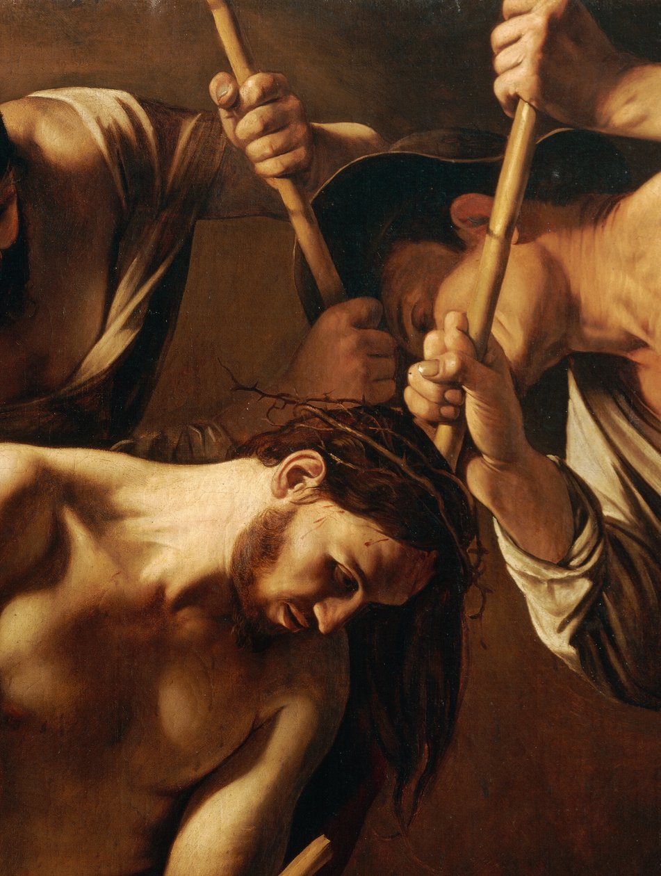 The Crowning with Thorns, ca. 1603 (olje på lerret) (detalj av 507206) av Michelangelo Merisi da Caravaggio